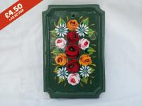 Rectangular Pottery Wall Plaque, green background,  hand-painted with traditional canal rose design.
